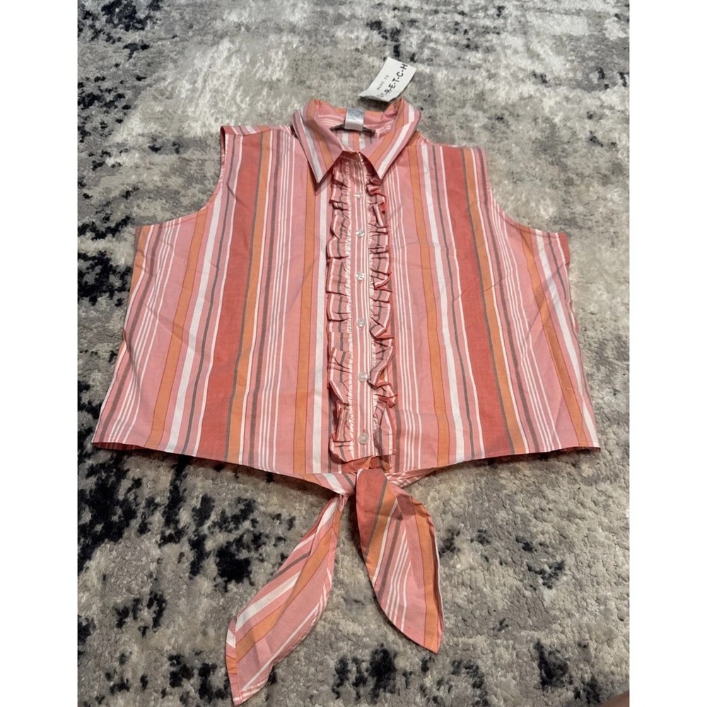 Dressbarn Women's Size Large Button And Tie Front Sleeveless Shirt Pink Stripe